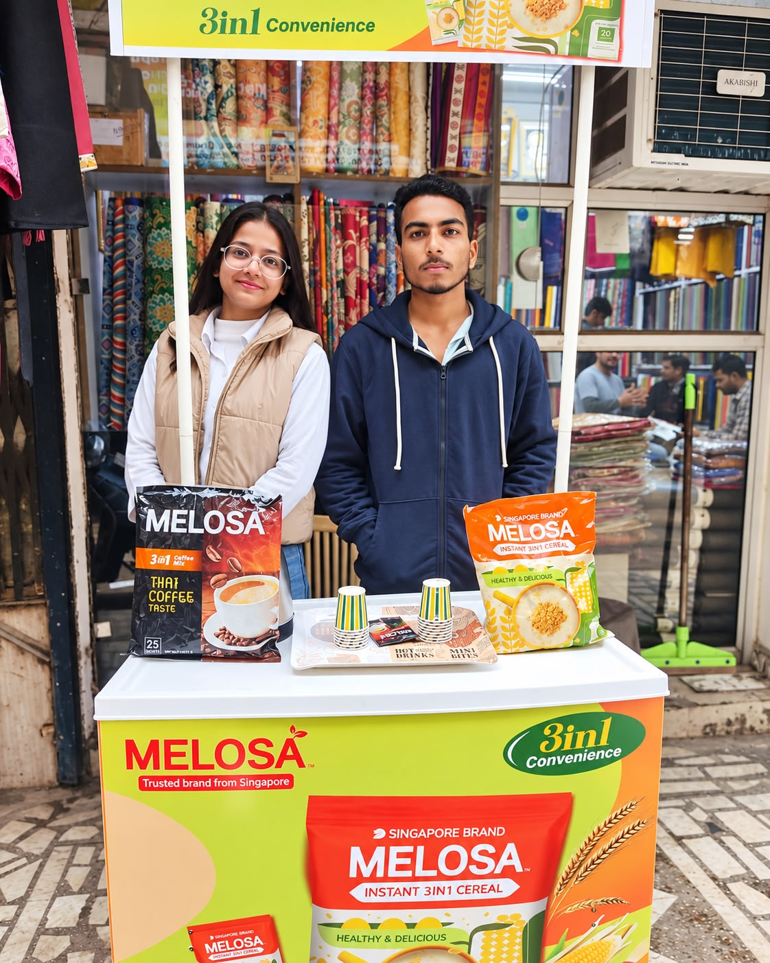 Melosa promoters at a branded tea and coffee sampling counter in Majnu ka Tila