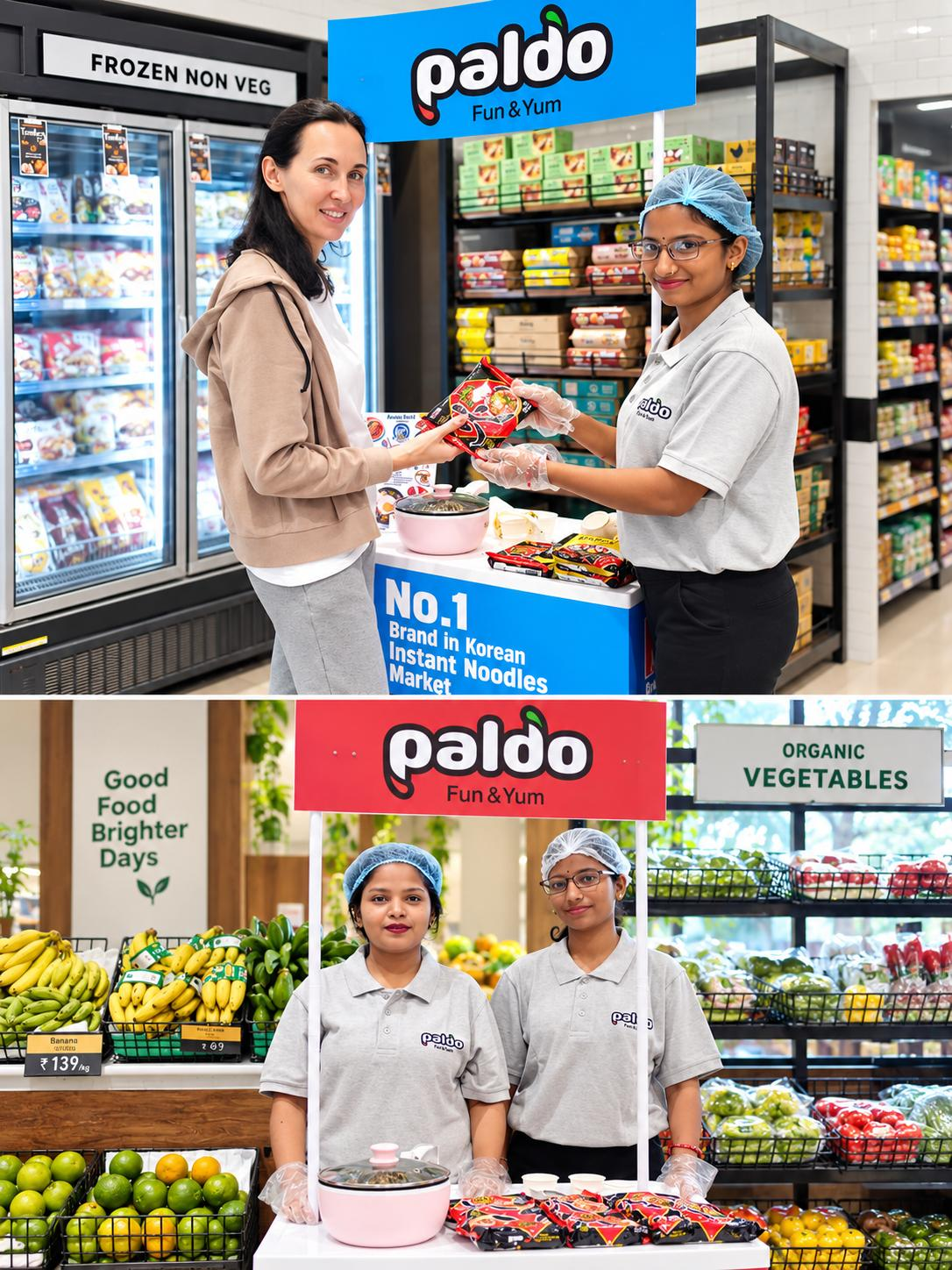 Paldo promoters and a shopper at a branded noodle sampling counter inside Nature's Basket in Mumbai