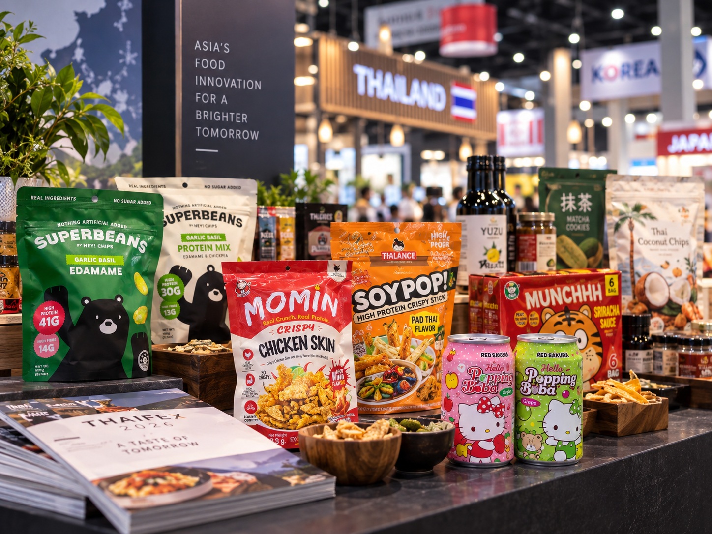 International food products presented for commercial scouting at an Asian trade exhibition