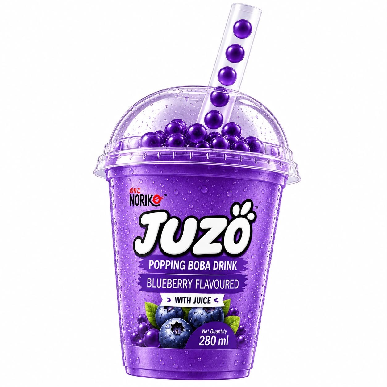 Juzo blueberry popping boba drink in a transparent cup